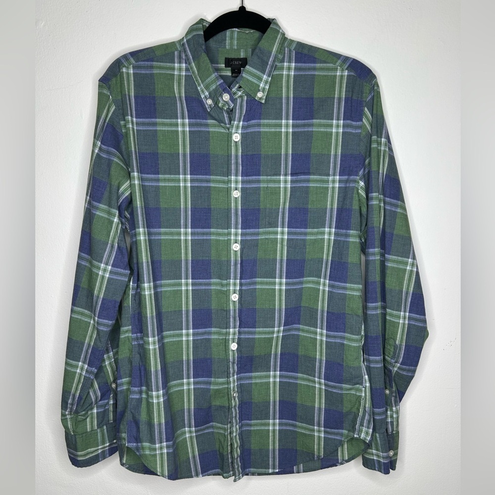 J.Crew  Cotton Mens Button Down Medium M Plaid Green Long Sleeve